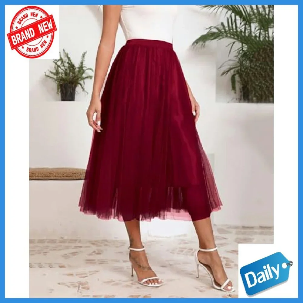 Women's 2-Layer Tulle Midi Skirt Elastic Waist A-Line Work Party - Picture 4 of 8
